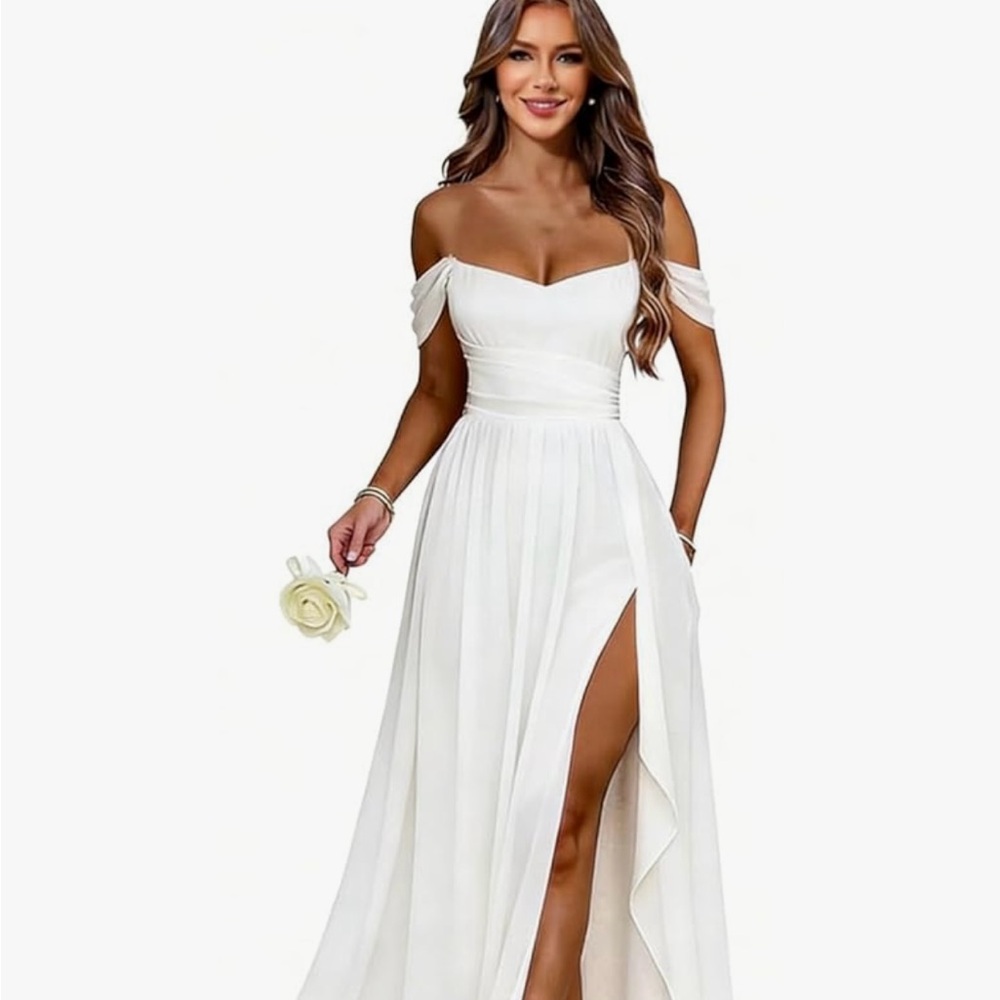 Off-Shoulder White Maxi Dress with High Slit